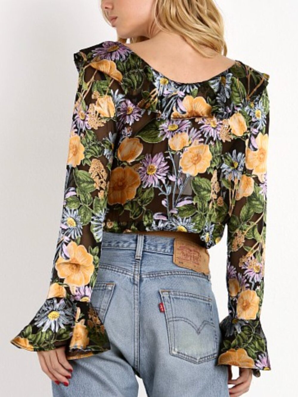For Love & Lemons Luciana Ruffle Blouse Black Floral